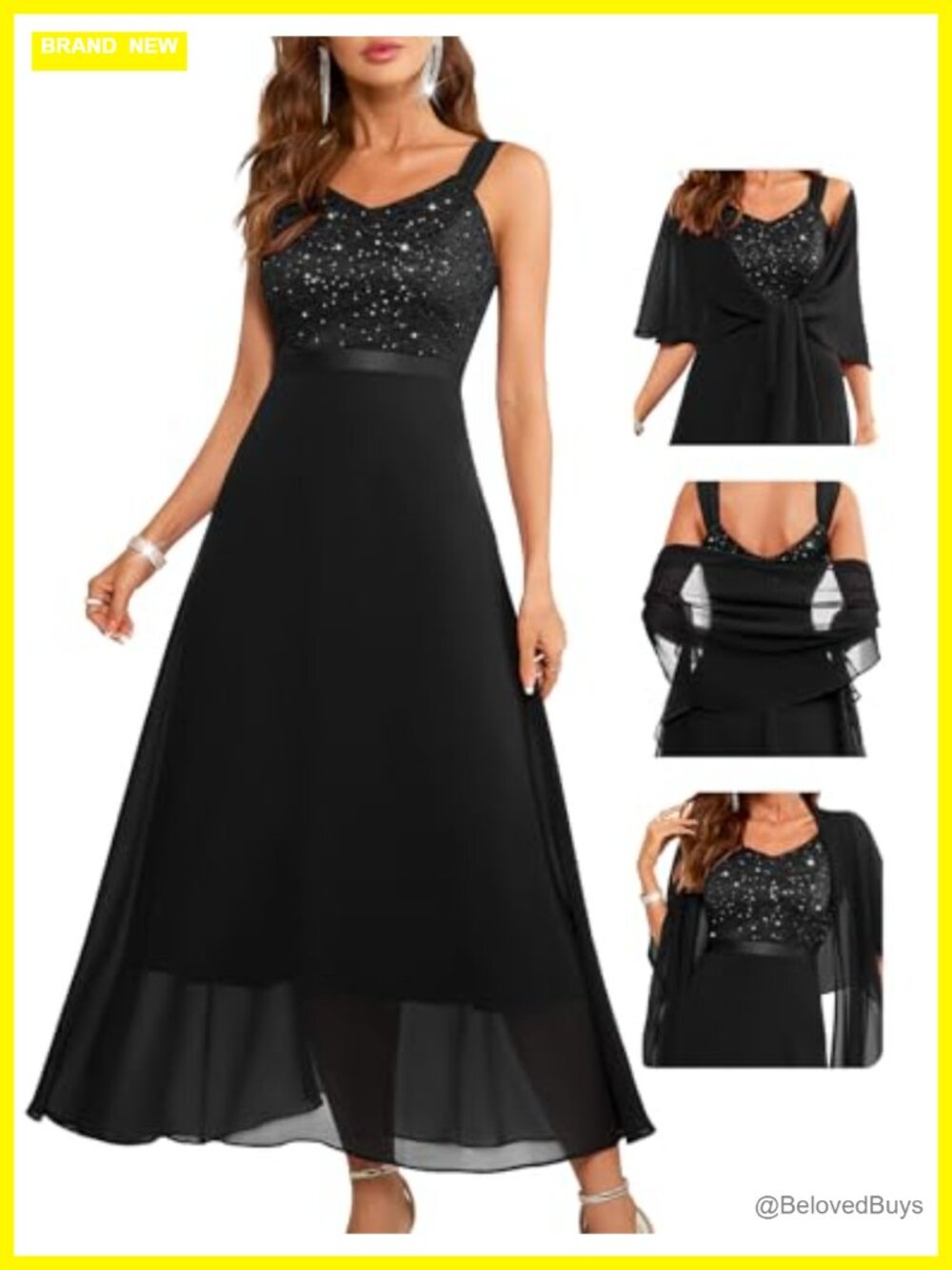Sequin Formal Cocktail Evening Long Wedding Guest Dress with Shawl